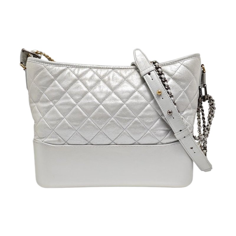 CHANEL GABRIELLE 中號 銀色牛皮菱格紋縫製流浪包單肩包斜挎包-0