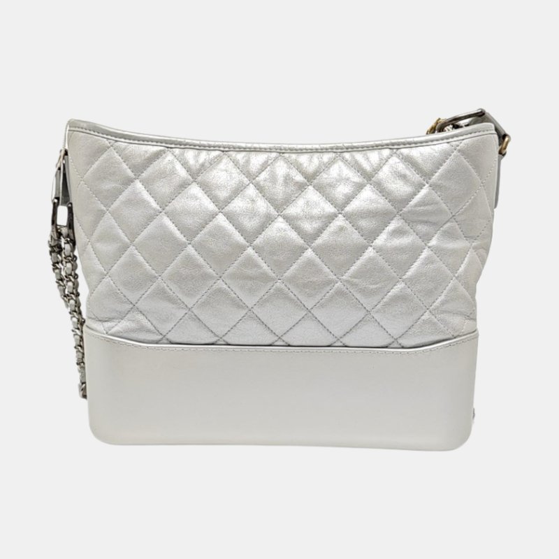 CHANEL GABRIELLE 中號 銀色牛皮菱格紋縫製流浪包單肩包斜挎包-4