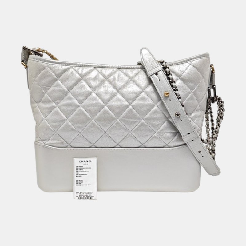 CHANEL GABRIELLE 中號 銀色牛皮菱格紋縫製流浪包單肩包斜挎包-7