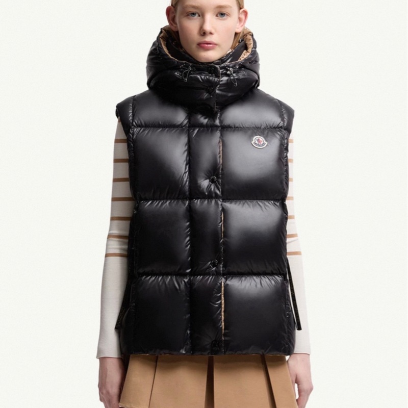 Moncler luzule連帽羽絨背心 尺寸2 黑色內𥚃棕色-3