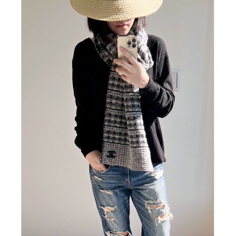 CHANEL 灰色x黑毛呢羊絨圍巾 cashmere-0