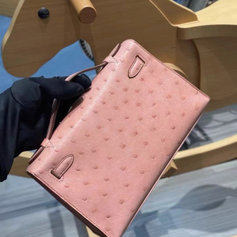 Hermes愛馬仕 minikelly一代 陶瓷粉鴕鳥皮 銀扣 成色：99新-1