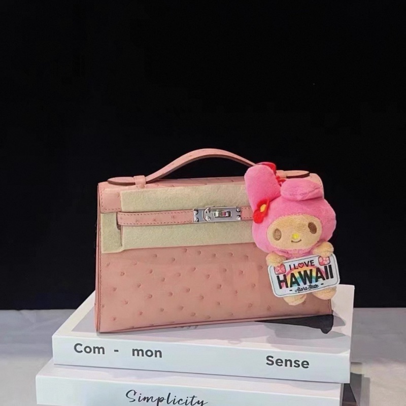 Hermes愛馬仕 minikelly一代 陶瓷粉鴕鳥皮 銀扣 成色：99新-4