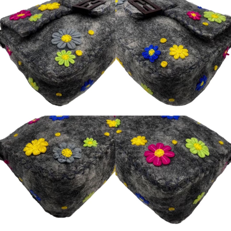 「JL精品代購」97新 Fendi超稀有灰色毛呢花花款大法棍-5