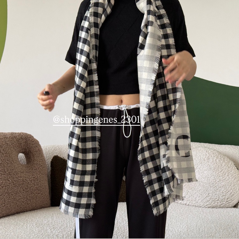 香奈兒 Chanel 25P 黑白格紋圍巾 白色底-3