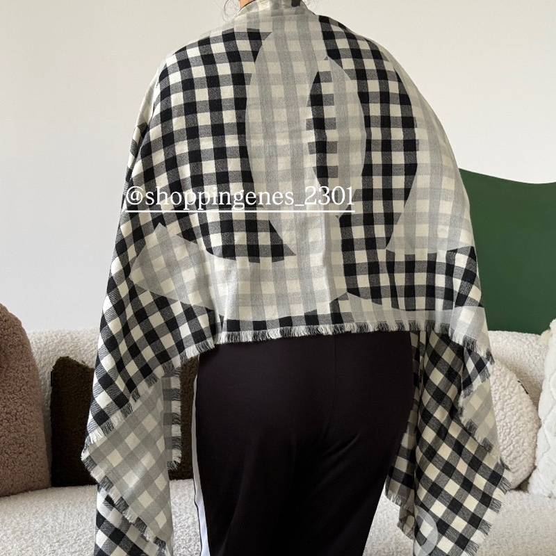 香奈兒 Chanel 25P 黑白格紋圍巾 白色底-6