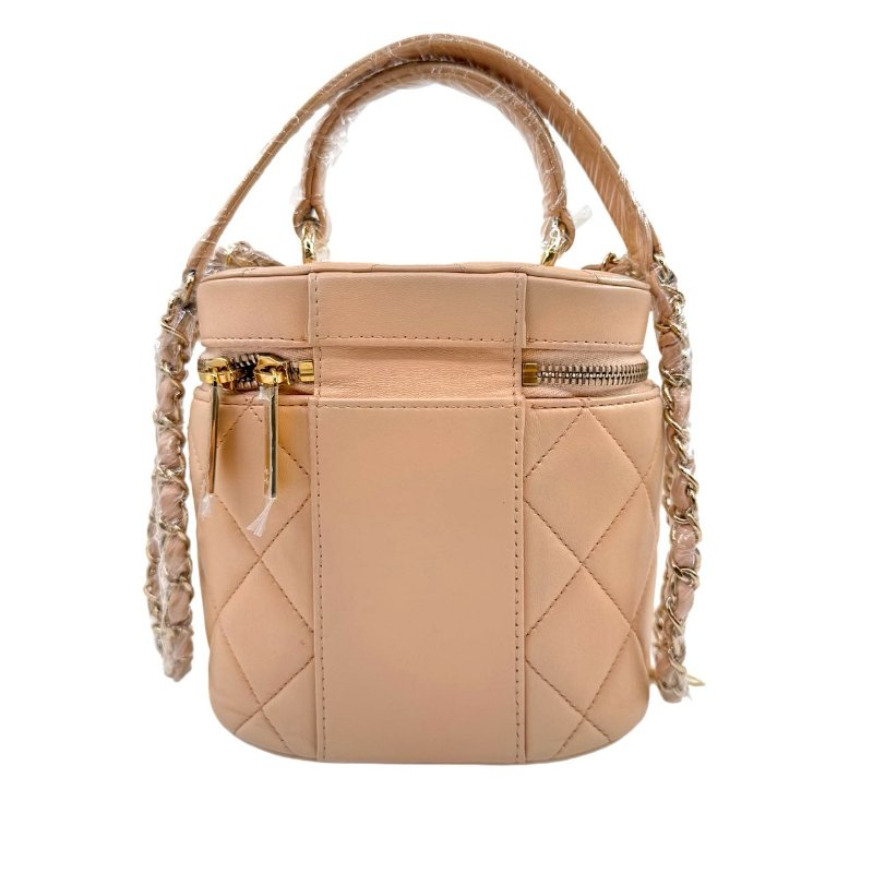 【2297】CHANEL香奈兒 稜格紋皮穿鏈翻蓋 羊皮 化妝盒斜挎包手提包 小號 淺米色-1