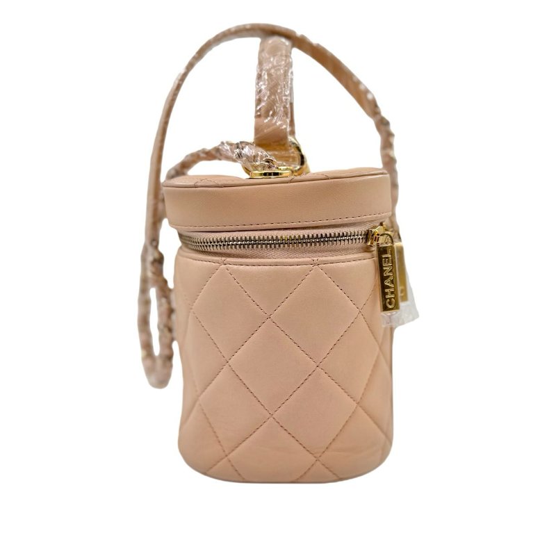 【2297】CHANEL香奈兒 稜格紋皮穿鏈翻蓋 羊皮 化妝盒斜挎包手提包 小號 淺米色-2