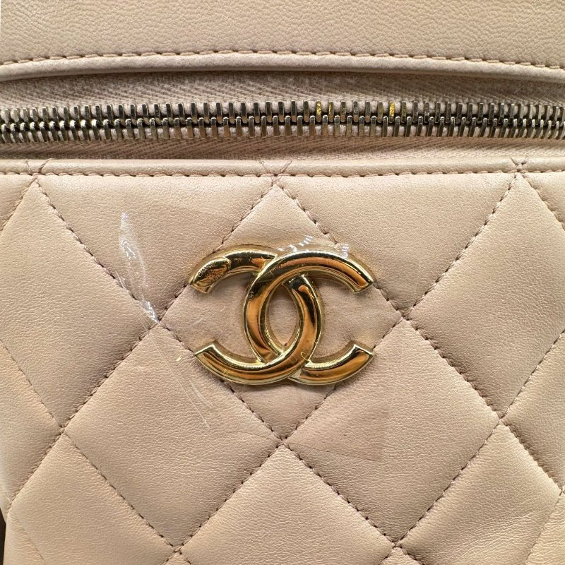 【2297】CHANEL香奈兒 稜格紋皮穿鏈翻蓋 羊皮 化妝盒斜挎包手提包 小號 淺米色-16