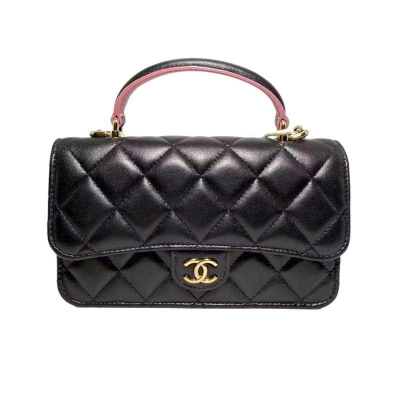 【2519】香奈兒 Chanel 23P春夏WOC 黑粉配色手柄鏈條翻蓋皮穿鏈 羊皮 芯片款-0
