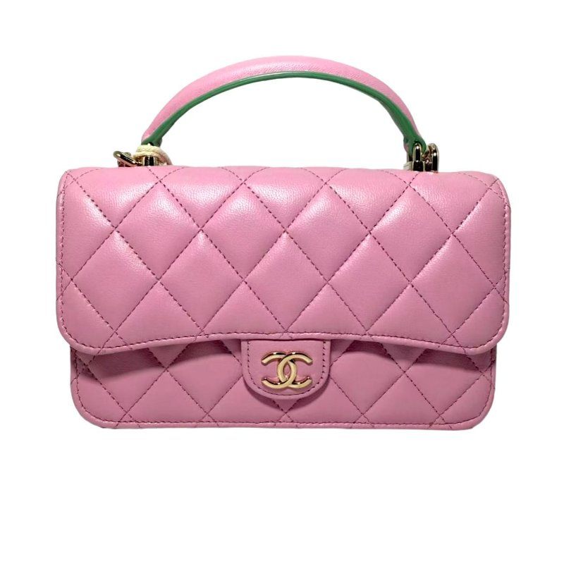【2422】香奈兒 Chanel 23P春夏WOC 粉綠配色手柄鏈條翻蓋皮穿鏈 羊皮 芯片款-0