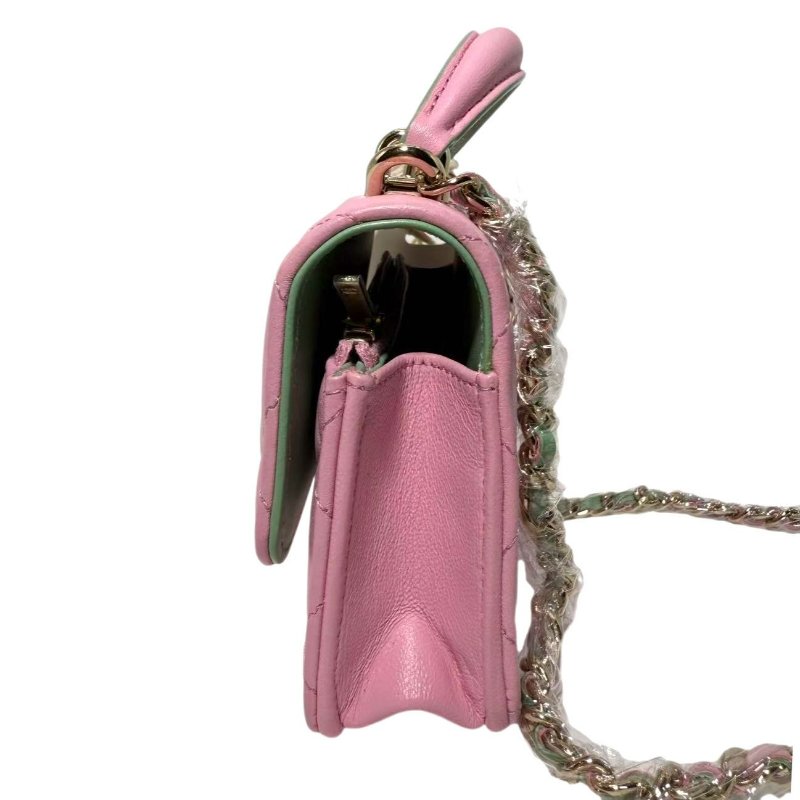 【2422】香奈兒 Chanel 23P春夏WOC 粉綠配色手柄鏈條翻蓋皮穿鏈 羊皮 芯片款-3