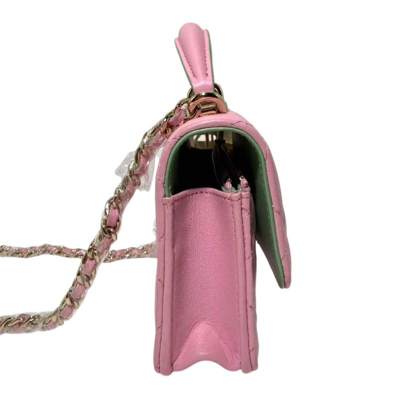 【2422】香奈兒 Chanel 23P春夏WOC 粉綠配色手柄鏈條翻蓋皮穿鏈 羊皮 芯片款-4