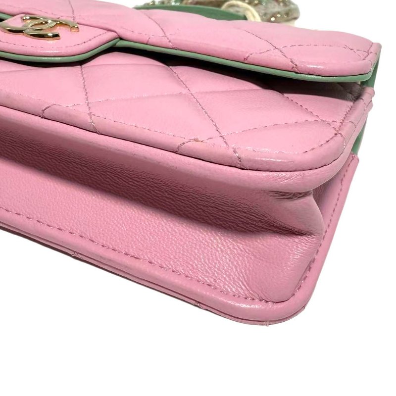 【2422】香奈兒 Chanel 23P春夏WOC 粉綠配色手柄鏈條翻蓋皮穿鏈 羊皮 芯片款-7