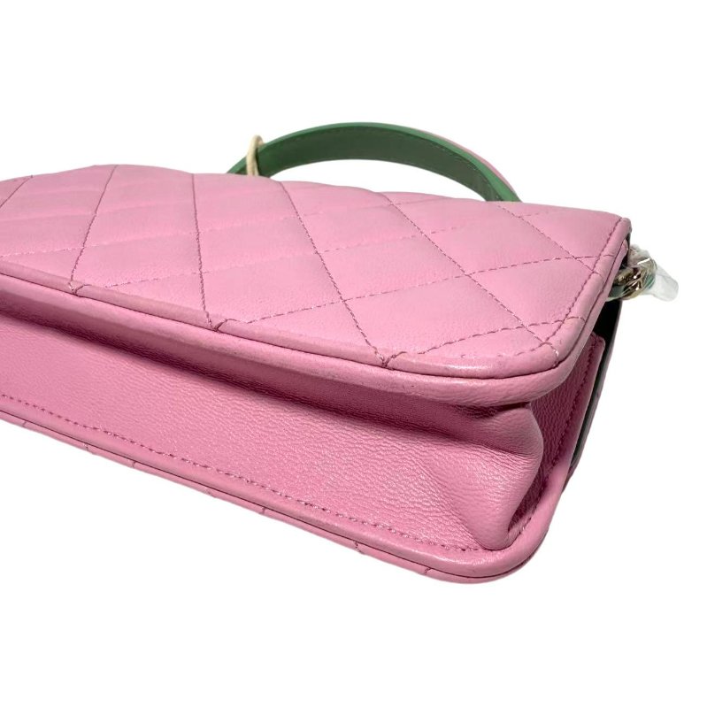 【2422】香奈兒 Chanel 23P春夏WOC 粉綠配色手柄鏈條翻蓋皮穿鏈 羊皮 芯片款-9