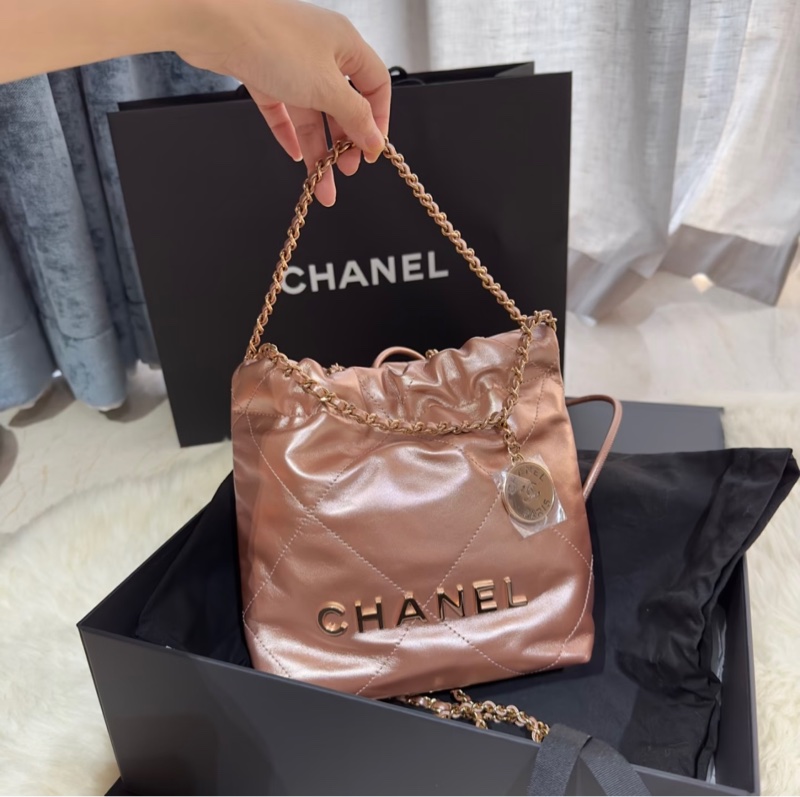CHANEL 22BAG MINI 金屬香檳粉-6