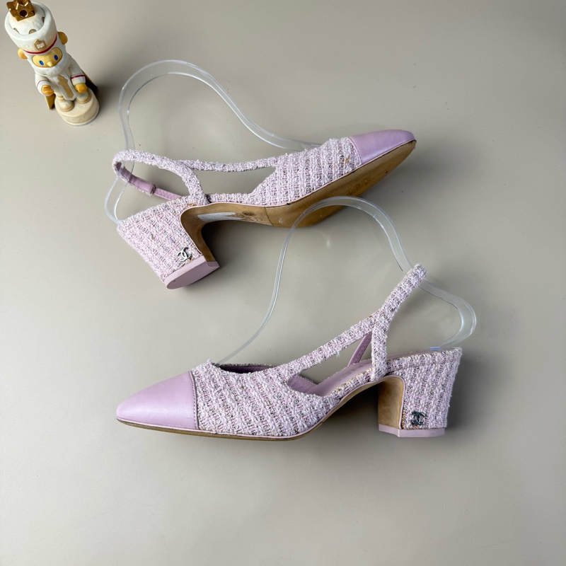 98新❤️香奈兒CHANEL 粉色粗呢銀雙C編織低跟鞋 36碼-3