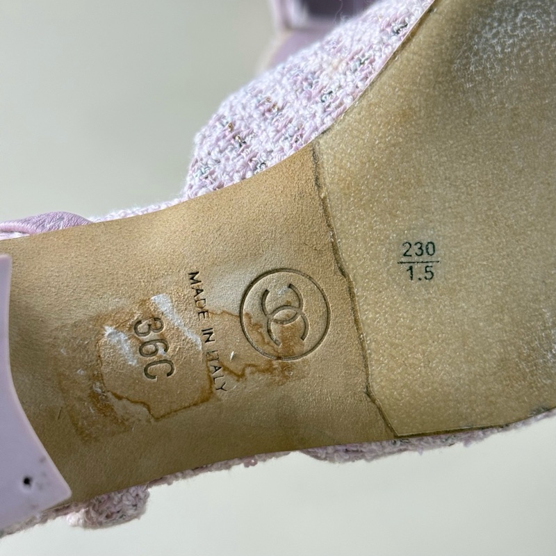 98新❤️香奈兒CHANEL 粉色粗呢銀雙C編織低跟鞋 36碼-5