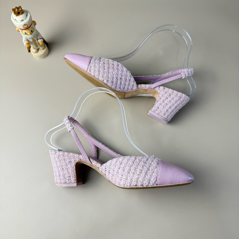 98新❤️香奈兒CHANEL 粉色粗呢銀雙C編織低跟鞋 36碼-10