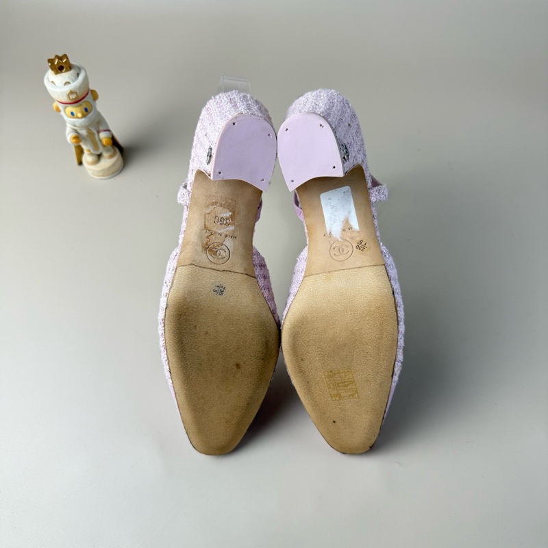 98新❤️香奈兒CHANEL 粉色粗呢銀雙C編織低跟鞋 36碼-17