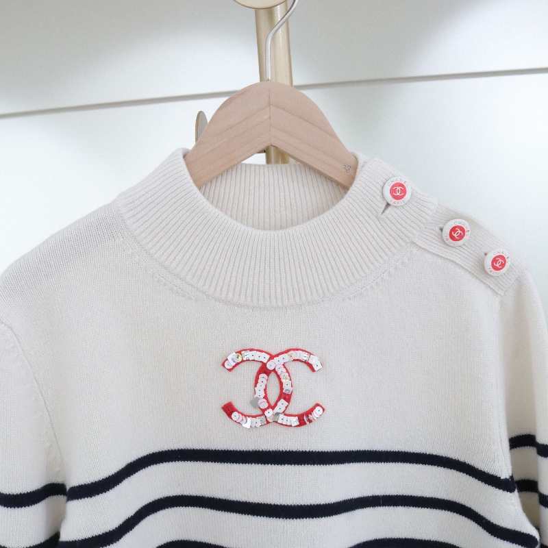 ❤️ CHANEL 山羊絨 條紋LOGO毛衣-2