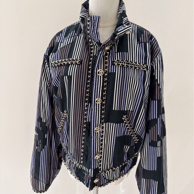 CHANEL 23K黑棕紫象牙白螺紋絲絨棉外套 40碼-0