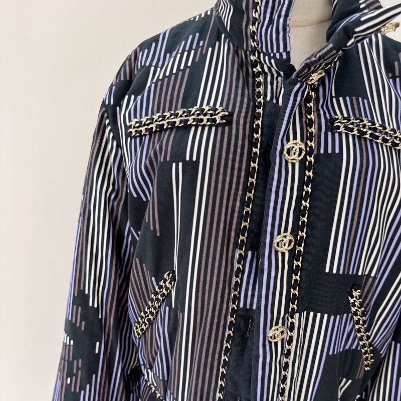 CHANEL 23K黑棕紫象牙白螺紋絲絨棉外套 40碼-1