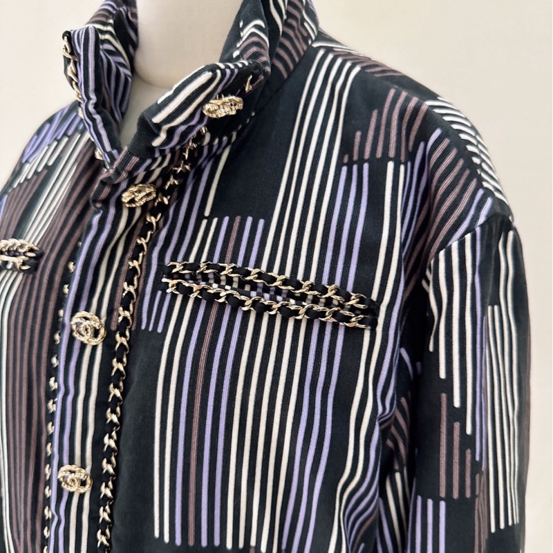 CHANEL 23K黑棕紫象牙白螺紋絲絨棉外套 40碼-3