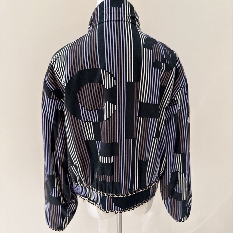 CHANEL 23K黑棕紫象牙白螺紋絲絨棉外套 40碼-5