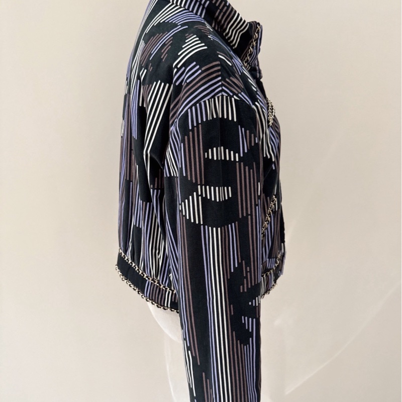 CHANEL 23K黑棕紫象牙白螺紋絲絨棉外套 40碼-6