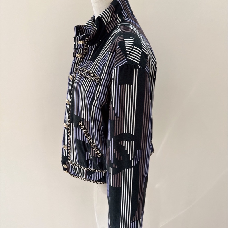 CHANEL 23K黑棕紫象牙白螺紋絲絨棉外套 40碼-7