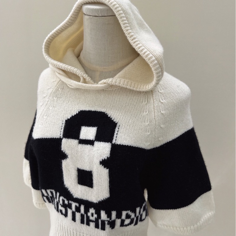 Dior 黑白羊絨連帽短版針織毛衣 36碼-3