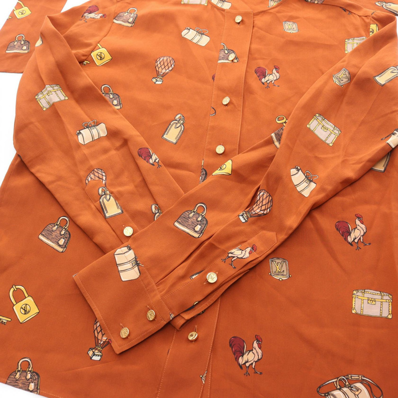 路易威登 LV 標誌紐帶襯衫，絲質材質，棕色，二手女款，尺寸 36-5