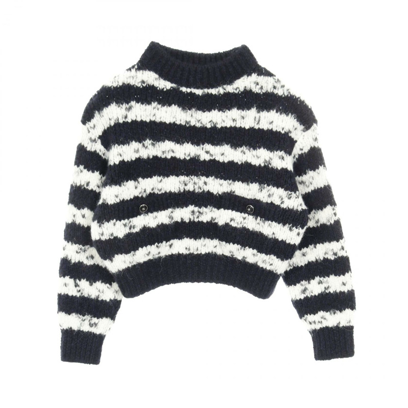 香奈兒 COCO 標誌紐帶針織衫,羊絨羊毛材質,海軍藍/白色,二手女款,34碼-0