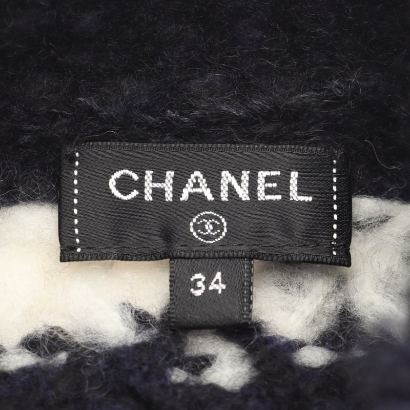 香奈兒 COCO 標誌紐帶針織衫,羊絨羊毛材質,海軍藍/白色,二手女款,34碼-2