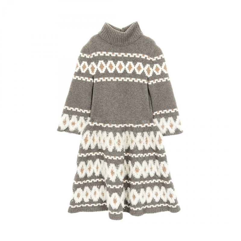 香奈兒 Gripoa 紐帶連身裙,羊毛、犛牛絨、羊絨混紡,灰色、白色、棕色,二手女裝 #34-0