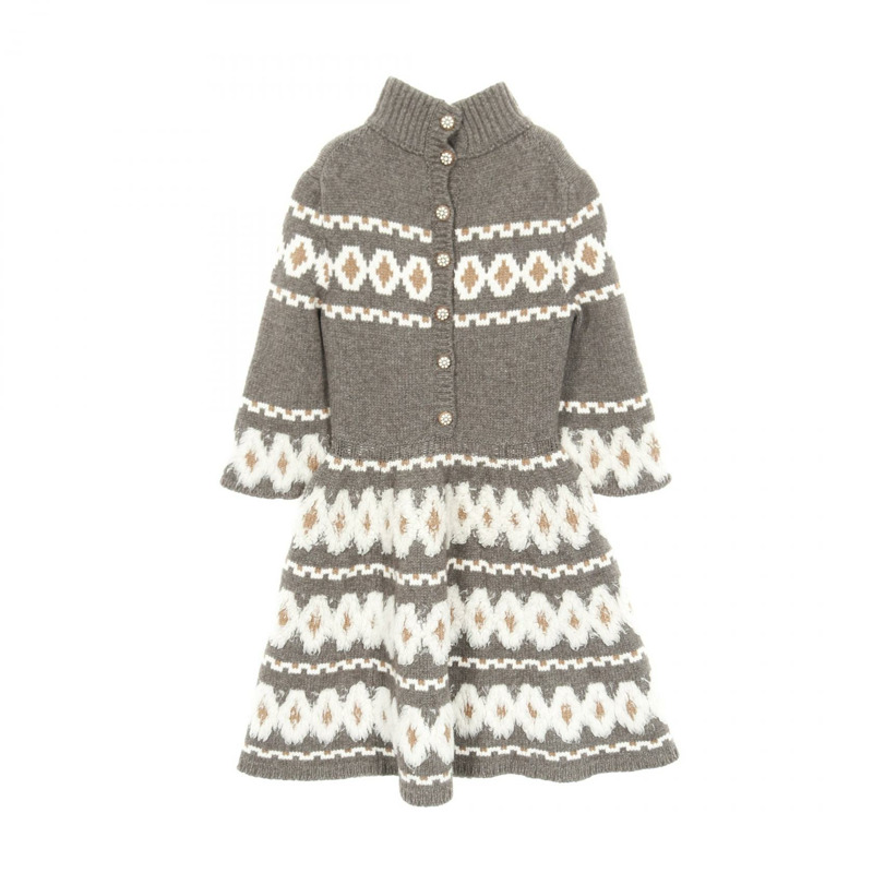 香奈兒 Gripoa 紐帶連身裙,羊毛、犛牛絨、羊絨混紡,灰色、白色、棕色,二手女裝 #34-1