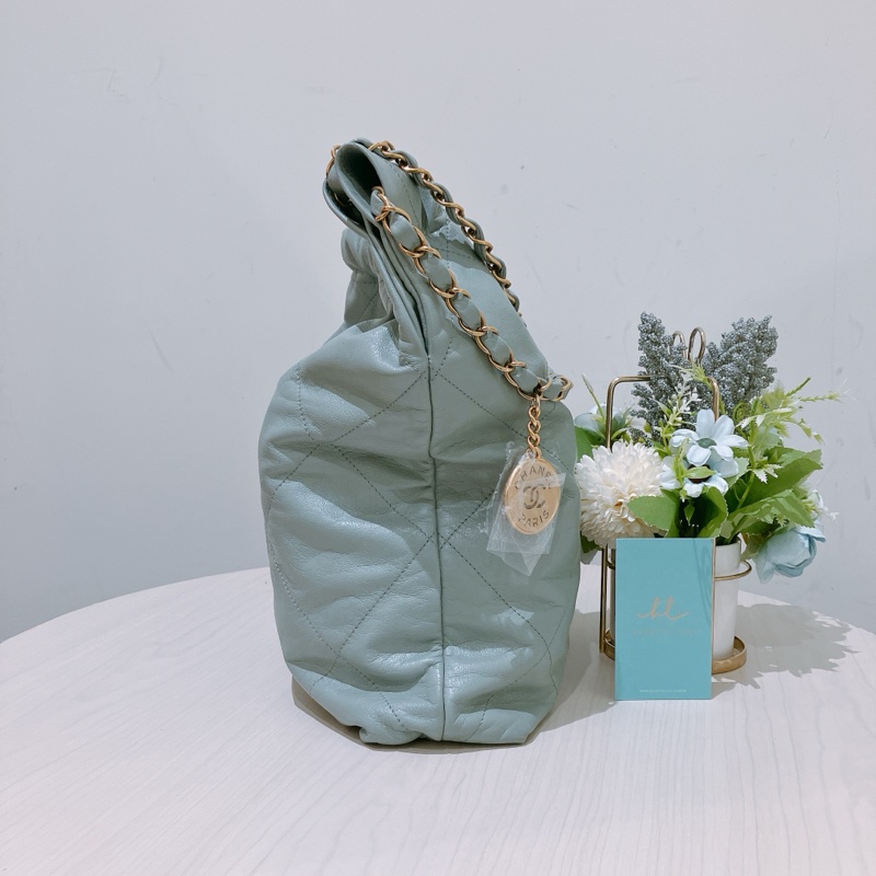 TK1863 Chanel 香奈兒中號子母垃圾袋 Shiny Calfskin Quilted 22 Medium Haze Blue X GHW-4