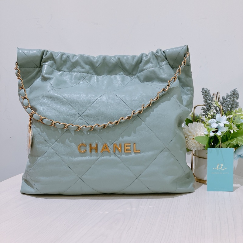 TK1863 Chanel 香奈兒中號子母垃圾袋 Shiny Calfskin Quilted 22 Medium Haze Blue X GHW-10