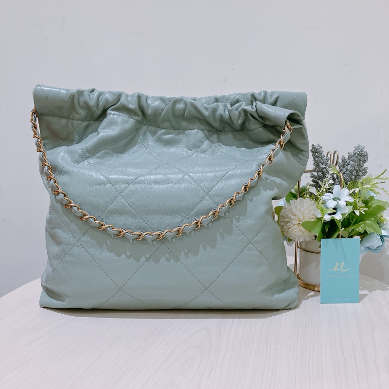 TK1863 Chanel 香奈兒中號子母垃圾袋 Shiny Calfskin Quilted 22 Medium Haze Blue X GHW-11