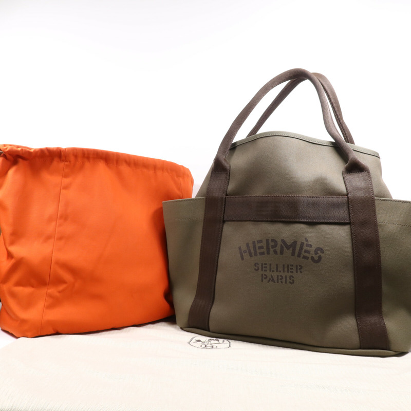 HERMES 帆布Sac De Pansage Groom銀扣手挽肩背兩用袋Green-5