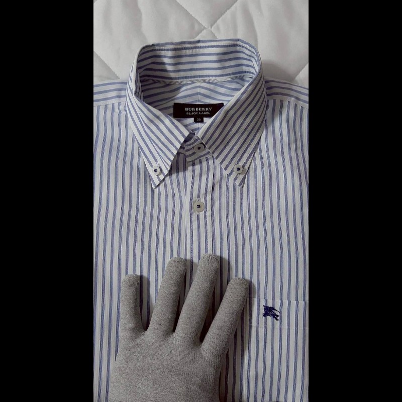 絕版BURBERRY 博柏利 BLACK LABEL 黑標 戰馬 男條紋長袖襯衫39號-2