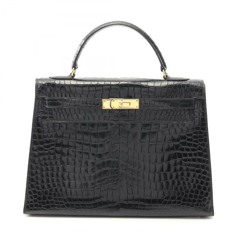 愛馬仕 Kelly 32 手提包，黑色，二手，女士款，採用 Porosus 鱷魚皮製成。-0