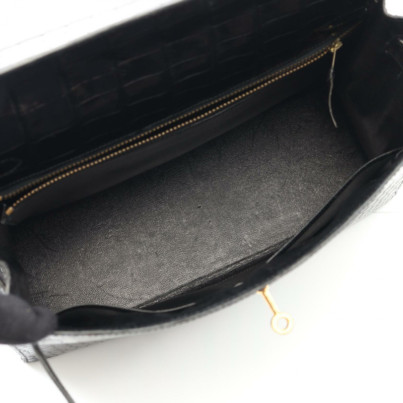 愛馬仕 Kelly 32 手提包，黑色，二手，女士款，採用 Porosus 鱷魚皮製成。-2