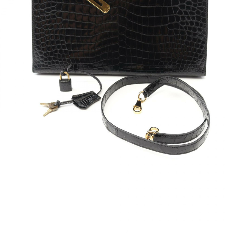 愛馬仕 Kelly 32 手提包，黑色，二手，女士款，採用 Porosus 鱷魚皮製成。-5