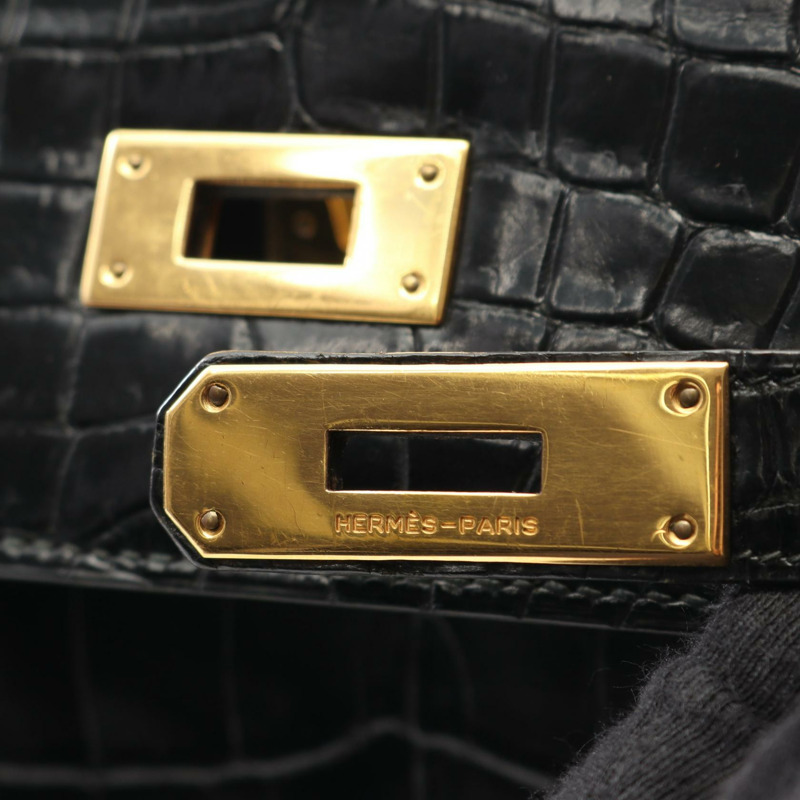 愛馬仕 Kelly 32 手提包，黑色，二手，女士款，採用 Porosus 鱷魚皮製成。-7