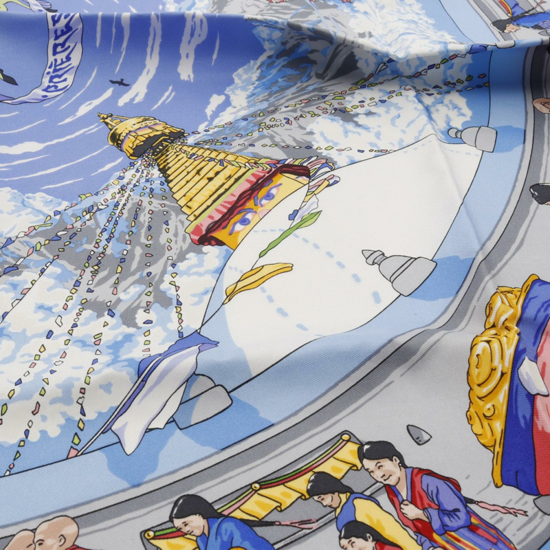 愛馬仕 Carre90 PRIERES AU VENT 絲巾，藍色多色真絲，二手女款-5