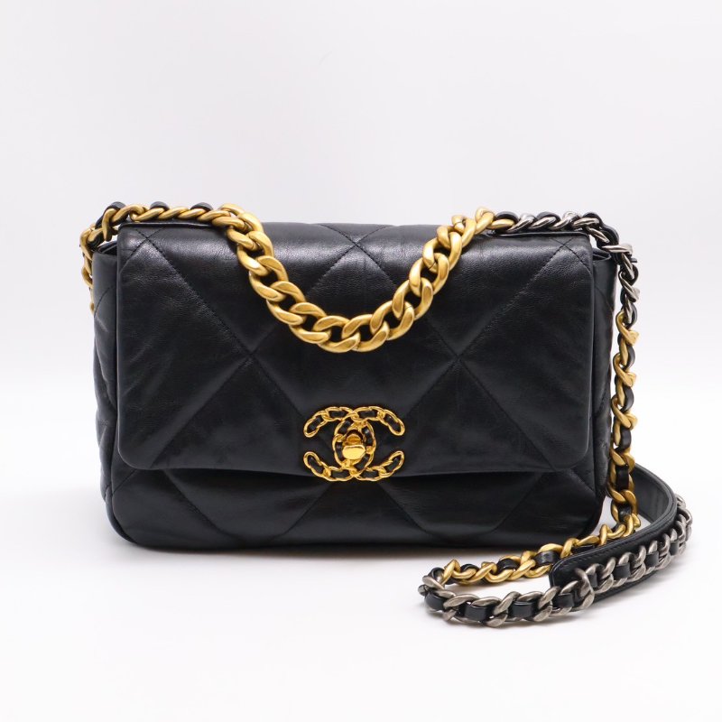 CHANEL 19 Bag 菱格紋羊皮手提肩背包 26 - 黑金29開-0