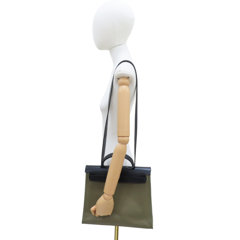 黑色 Vache Hunter牛皮 綠色帆布 Herbag 31 兩用包 Z刻【HERMES 愛馬仕】-10