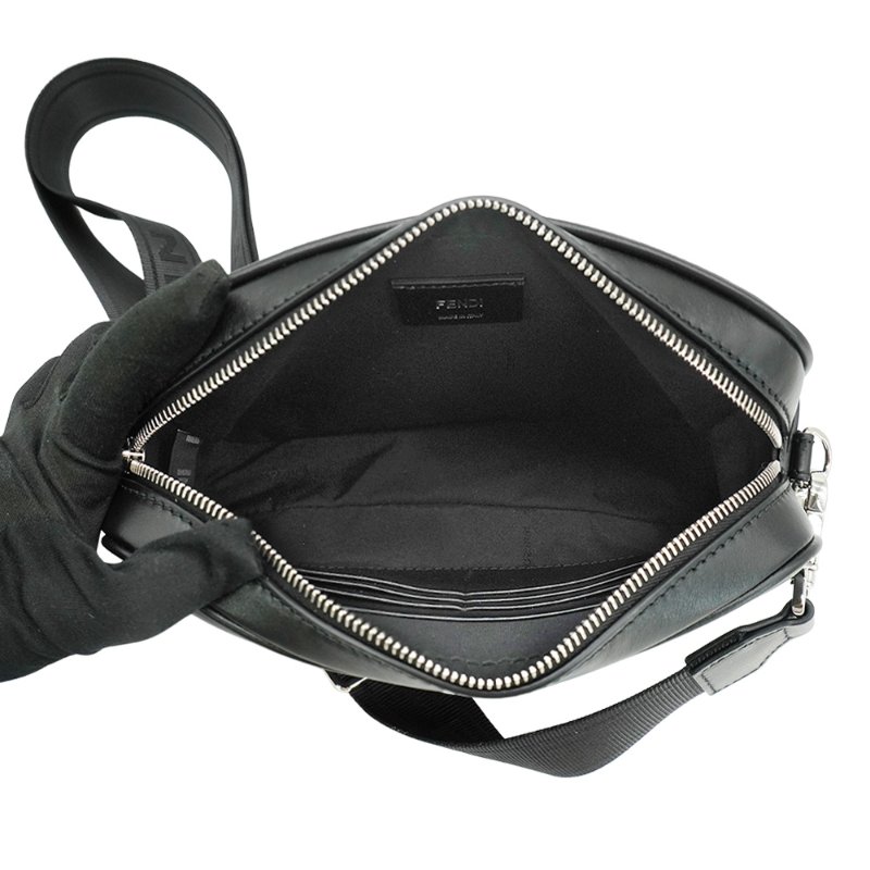 Fendi FF logo拚皮革斜背相機包(7M0286-黑灰)-4